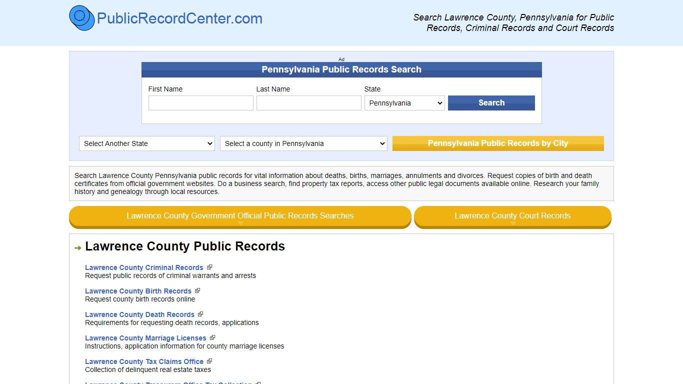 Lawrence County Pennsylvania Free Public Records - Court ...